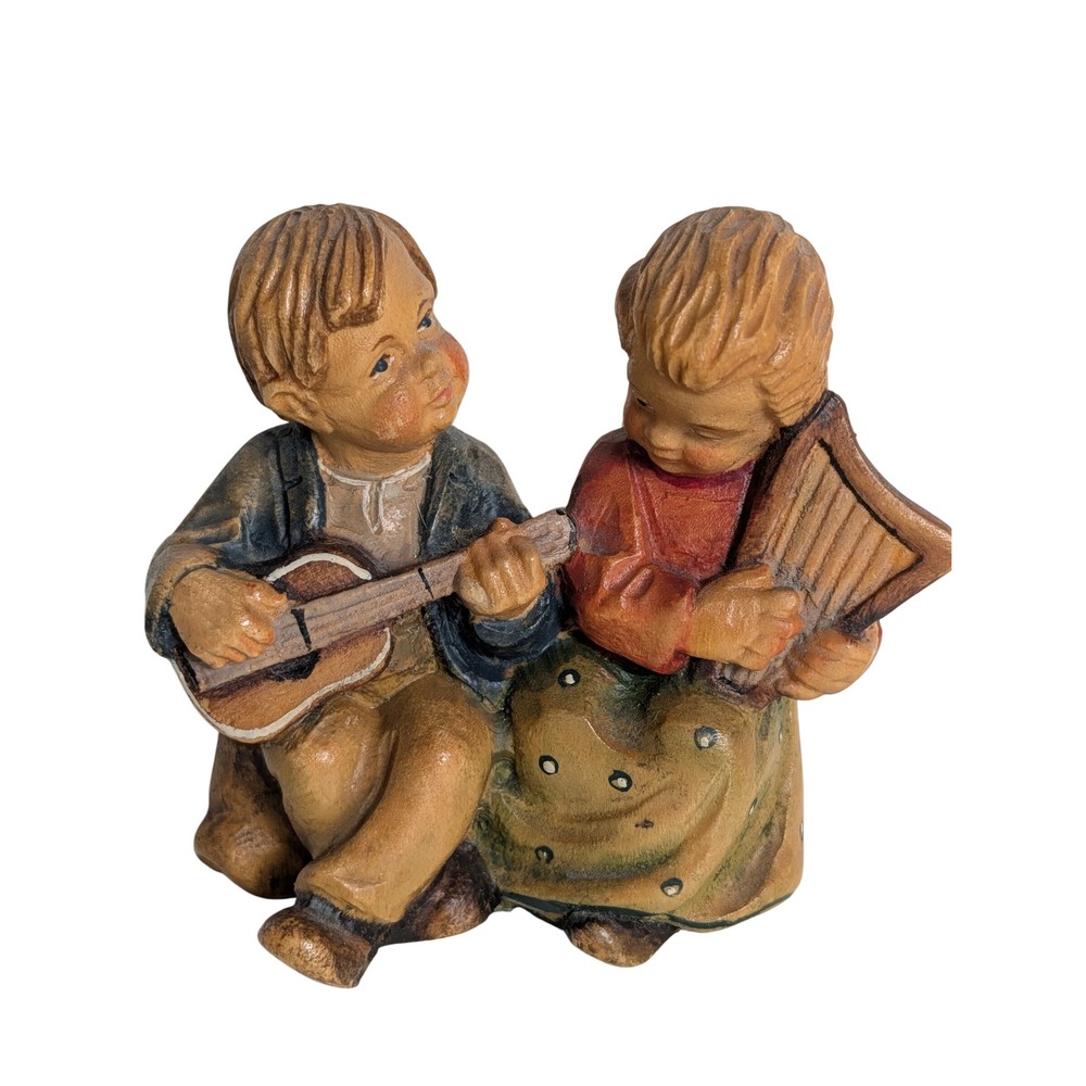 Vintage Hand Painted Musical Children Figurine Boy with Guitar Girl with Harp